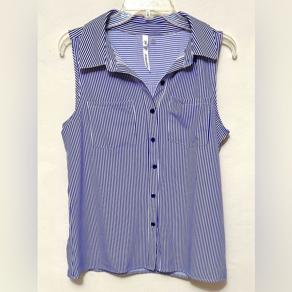 NY Collection Blue Striped Collared Sleeveless Top Shirt Button Up L
